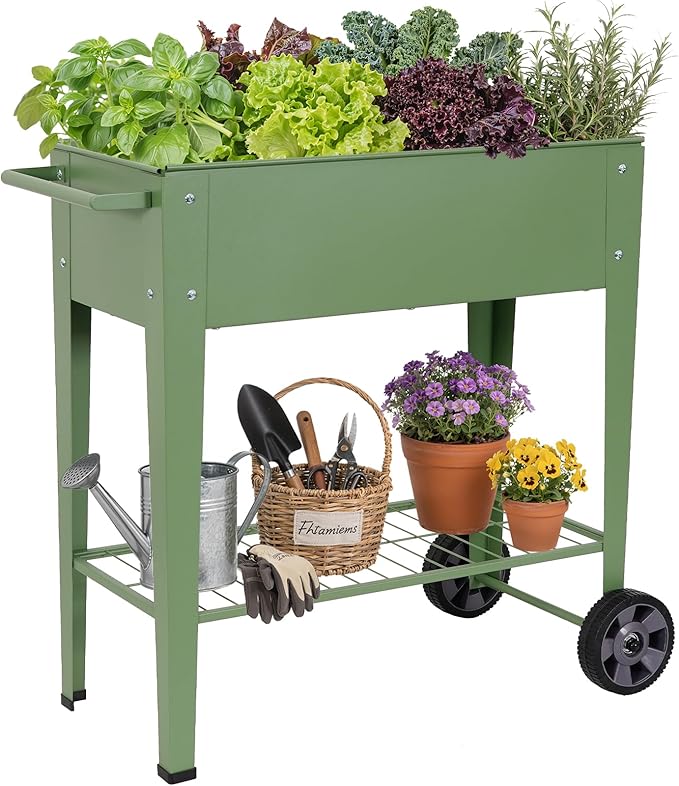 Elevated Raised Garden Bed with Legs- Galvanized Raised Beds for Gardening on Wheels, Anti-Rust Steel Planter Box with Storage Rack& Drain Hole for Backyard Patio Balcony (Green)