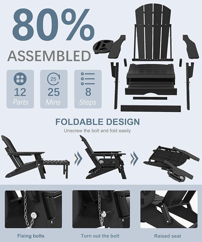 Adjustable Adirondack Chair with Retractable Ottoman Set of 6, HDPE Folding Adirondack Chair with Cup Holder, All Weather Fire Pit Chair for Outdoor.