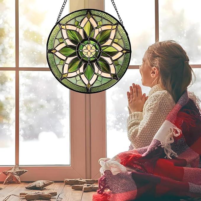 HWRHTR Stained Glass Window Hanging - White Green Boho Flower Suncatcher for Doors Window Home Sun Catchers Decor Christmas Mother's Day Birthday Gifts for Teacher Women Men Mom Nana 11.8 in