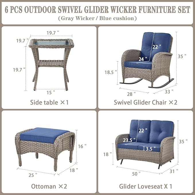Belord 6 Pieces Wicker Patio Furniture Set with Patio Rocking Chairs, High Back Patio Conversation Set Outdoor Loveseat Glider with Ottoman and Rattan Side Table for Deck Sunroom Backyard
