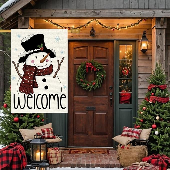 Snowman Snowflake Garden Flag 24x40 Inch Small Double Sided Burlap Vertical,Xmas Winter Welcome Holiday Christmas Decorations Yard Lawn Outdoor Decor Banner (RMQ-67D, 28"X40")