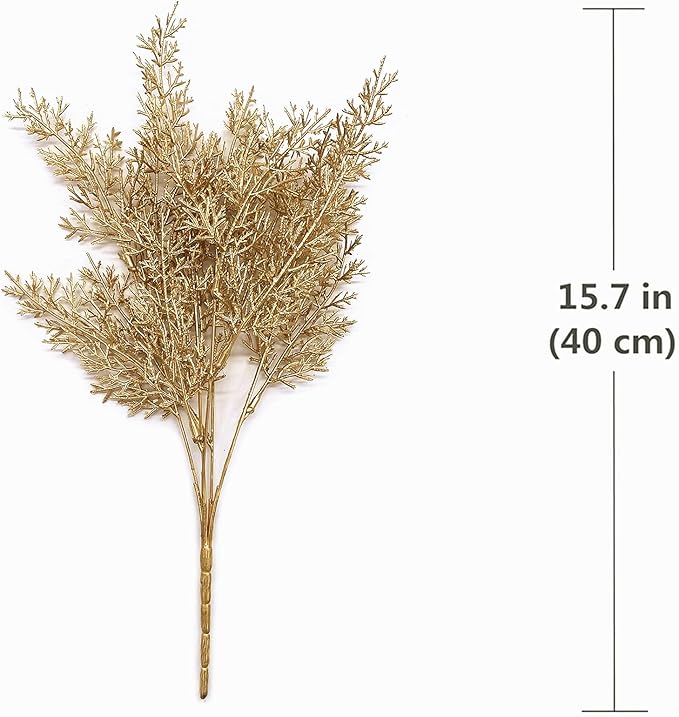 PASYOU Golden Fake Plants, Artificial Flowers Decoration for Christmas Antlers Grass Plastic Faux DIY Crafts Indoor Outdoor Home Garden Party Room Bedroom Wedding Table Centerpiece Decor, Gold 4 Pack