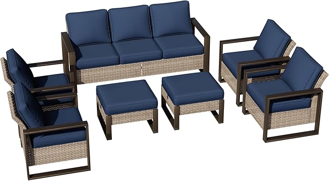 Joyside Outdoor Patio Chairs, 7 Pieces Wicker Rattan Furniture Set, 4 Patio Chairs, 1 Sofa and 2 Ottoman, Metal Wide Armrest, Thick Cushions and Deep Seating for Garden, Backyard, Porch, Deck