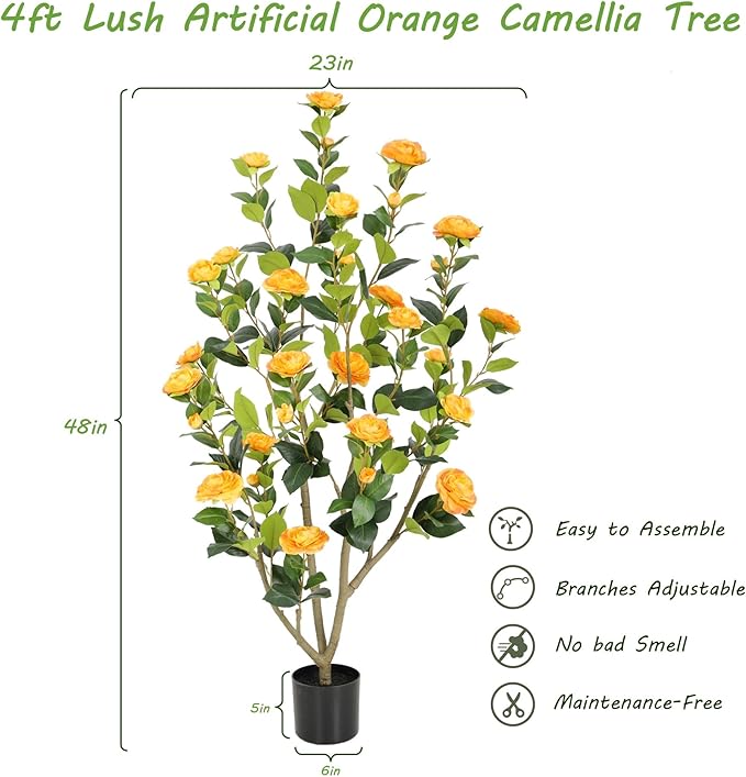 Nafresh 4FT Lush Artificial Orange Camellia Tree Outdoor 2 Pack, 48inch Faux Camellia Plant, Fake Camellia Flowers Tree for Indoor Outdoor Living Room Home Patio Front Door Garden Decor