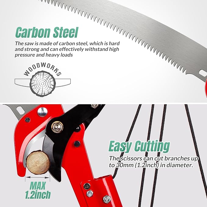 Suchtale 10FT Pole Saw for Tree Trimming, Manual Tree Pruner with Steel Saw Blade & Scissors, Long Handle Branch Cutter Pole, Extendable Limb Trimmer for High Branches, Yard Garden Pruning Tool