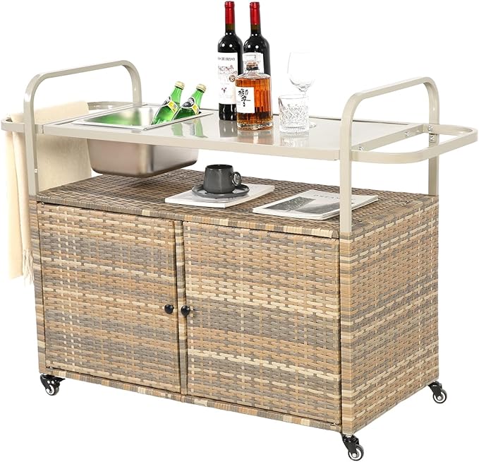 Outdoor Bar Cart with Cabinet, 51.57" Patio Serving Cart with Steel Top, Built-in Ice Bucket, Side Basket & Lockable Wheels for Garden, Backyard & Poolside, Beige