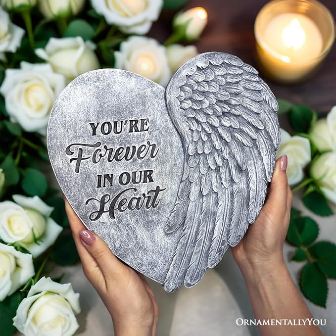 OrnamentallyYou Elegant Resin Stepping Stone, Outdoor Garden Pathway Decoration (You’re Forever in Our Hearts Angel Wing Stepping Stone, 9.5" Garden Decorative Memorial Resin Figurine)