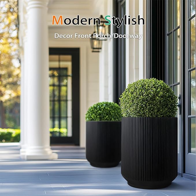 Heyzier Concrete Planter Outdoor Indoor, Large Cement Plant Pots with Saucer for Trees Flowers (Vertical Black, 17 inch)