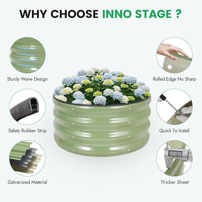 INNO STAG Round Galvanized Raised Garden Bed — 2×2×1ft Planter Box Outdoor Raised Beds Kit for Gardening Vegetables, Fruits, Herbs, and Flowers, Olive Green