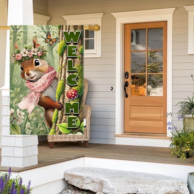 Welcome Garden Flag 28x40inch The Nut Squirrel winter Garden Flags Yard Porch House Flag Double-Side For Home Outdoor Yard Patio Lawn Decor, Garden Decorations