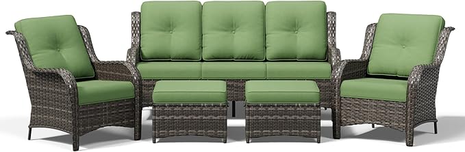 Joyside 5 Piece Wicker Patio Furniture Set, Rattan Patio Chairs with High Back, Deep Seating, Wide Armrest, Thickened Cushions, Outdoor Furniture for Deck, Porch Use