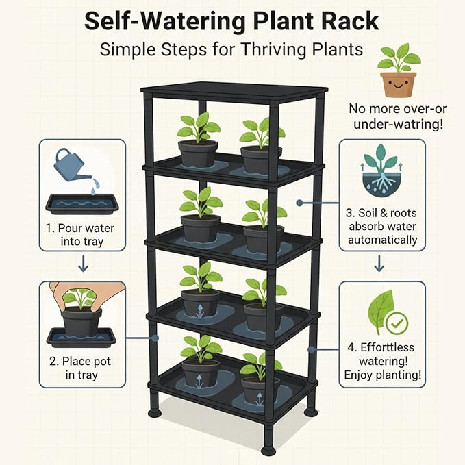 5-Tier Seed Starter Trays Plant Stand, with Bottom-Watering Design– Reinforced Thickened Shelf for Small Pots, Balcony/Indoor Seed Starting & Greenhouse, Black