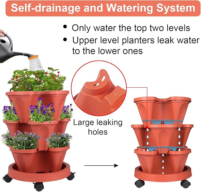 GameXcel Vertical Planter 3 Tier Stackable Planters Garden Planters Strawberry Herb Flower and Vegetable Planter Indoor Outdoor Gardening Pots with Removable Wheels and Tools 2-Pack