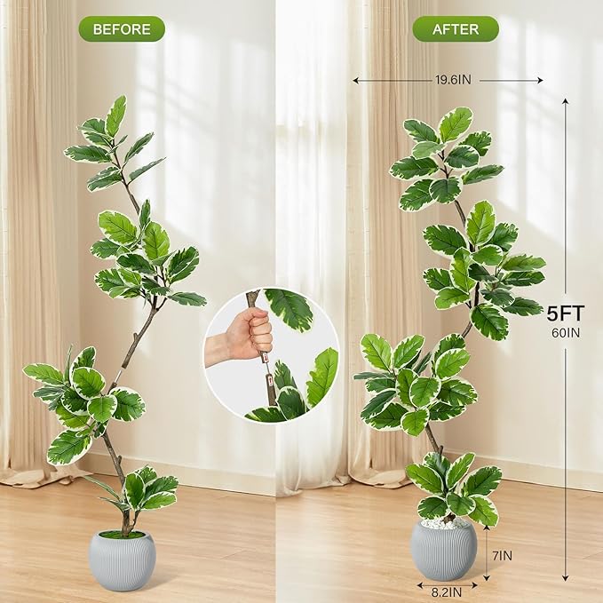 GarveeHome Fiddle Leaf Fig Tree Artificial Indoor, 5 ft Tall Faux Rubber Tree with Sphere Planter, Tall Artificial Plants with Moss for Home Decor Office Living Room