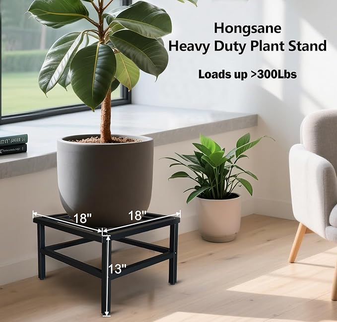 Hongsane Plant Stand Indoor Outdoor,18 Inch Square Metal Plant Stands Riser,Heavy Duty Wrought Iron Pedestal Holders for Large Flower Pot,Outside Rust-Proof Black Flower Display Shelf for Patio,2-Pack