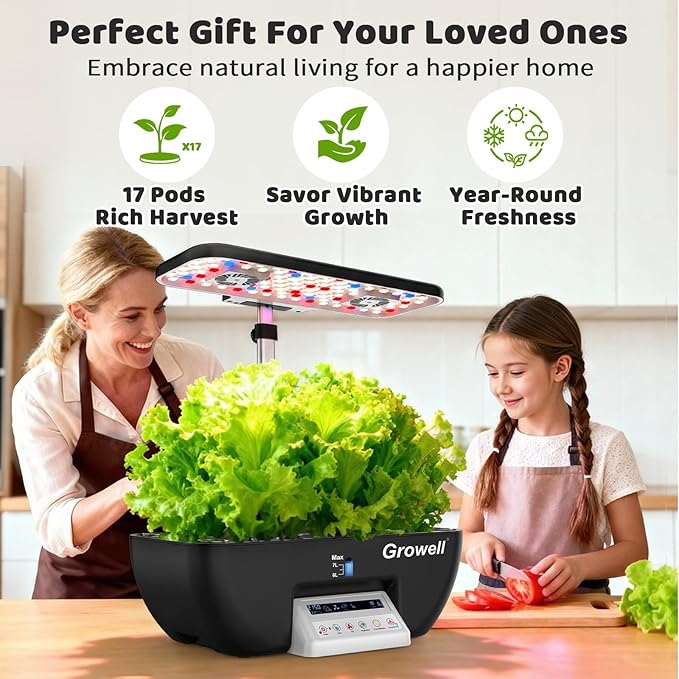 Hydroponics Growing System Kit, 17 Pods Indoor Herb Garden with Grow Light, Smart Water & Air Circulation with 2 Fans, Auto Timer, 10L Water Tank, Perfect Indoor Gardening System Gifts (Black)