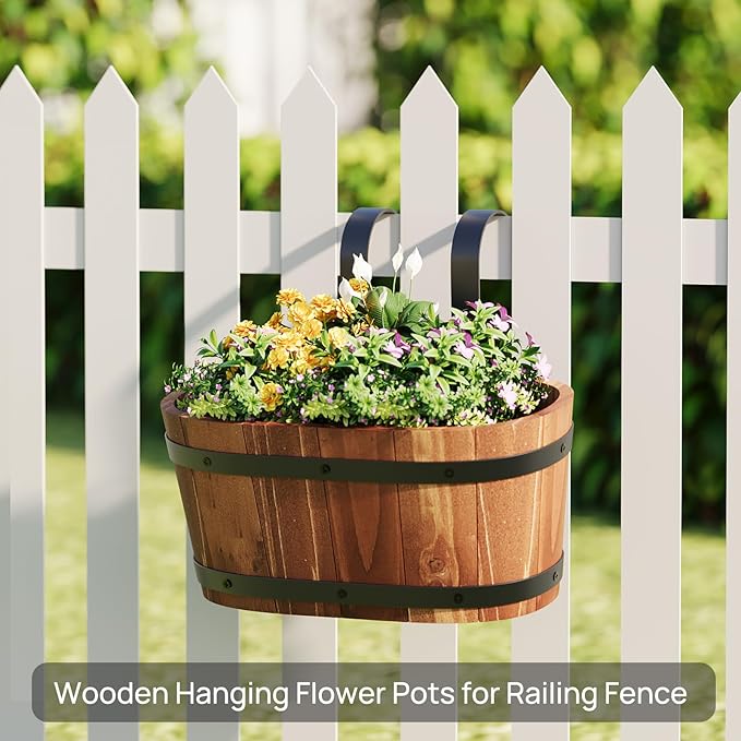 Wooden Hanging Planter for Railing Fence Outdoor Planter Railing Planter Boxes for Plants Wall Planters Window Flower Box Hanging Bucket Pots Countryside Plant Holder (Brown,2pcs,Small)