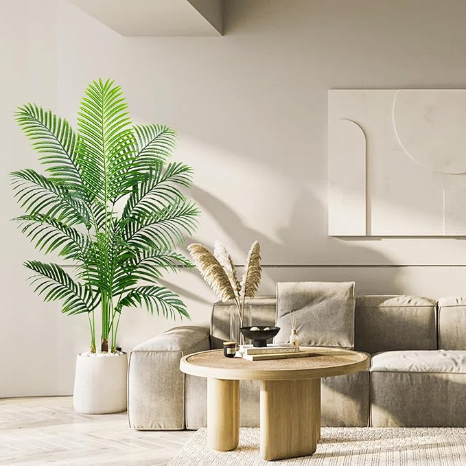Artificial Palm Tree 5FT Faux Plants Indoor Tropical Fake Palm Tree Areca Floor Plant in White Pot with 13 Trunks & Real Bark Design, Faux Palm Plant for Outdoor Patio Home Room Office Decor
