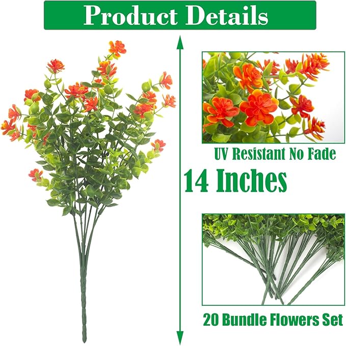 Grunyia 20 Bundles Artificial Flowers UV Resistant Fake Flowers No Fade Faux Plants Garden Porch Window Box Decorating (Orange)
