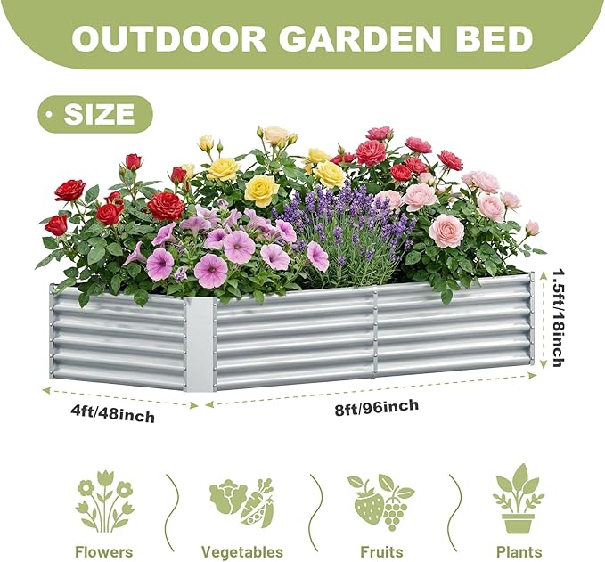 AHEONLAR 2 Pack 8×4×1.5ft Galvanized Raised Garden Beds Outdoor, Rectangle Sturdy and Durable Planter Boxes for Vegetables, Fruits, Flowers and Plants, Easy Assembly, Silver