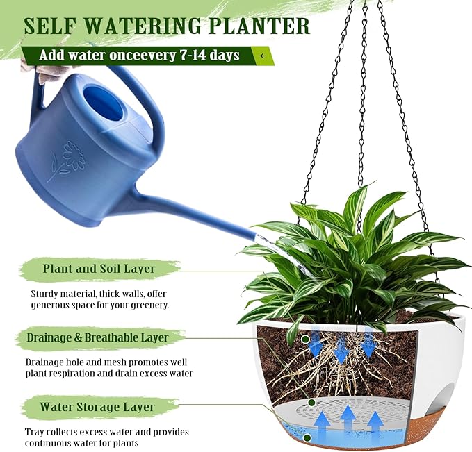 Lucieblessdesign Hanging Planters for Outdoor Indoor Plants, 2 Pack 12 Inch Hanging Basket Plants Outdoor, Self Watering Hanging Planter with Plant Hanger for Garden Home Decoration (White)
