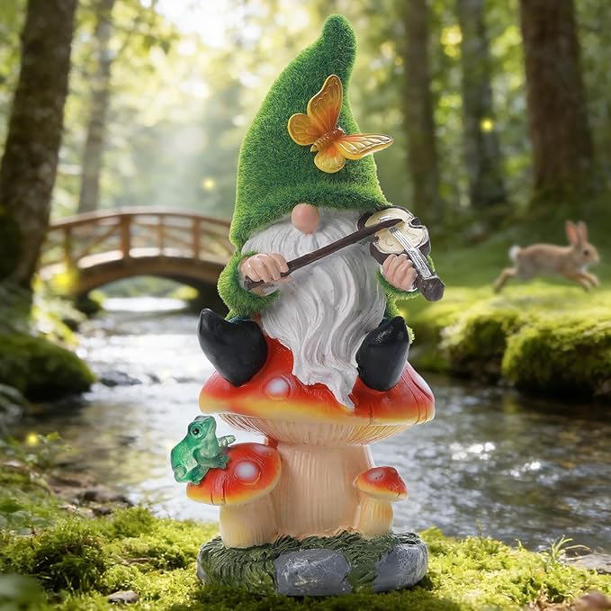 Solar Gnome on Mushroom Stool Statue Decor, Gnome Figurines with Ambiance LED Light for Garden Decorations for Patio Lawn Balcony Fairy Gardens, Housewarming Gifts for Women Mom Grandma