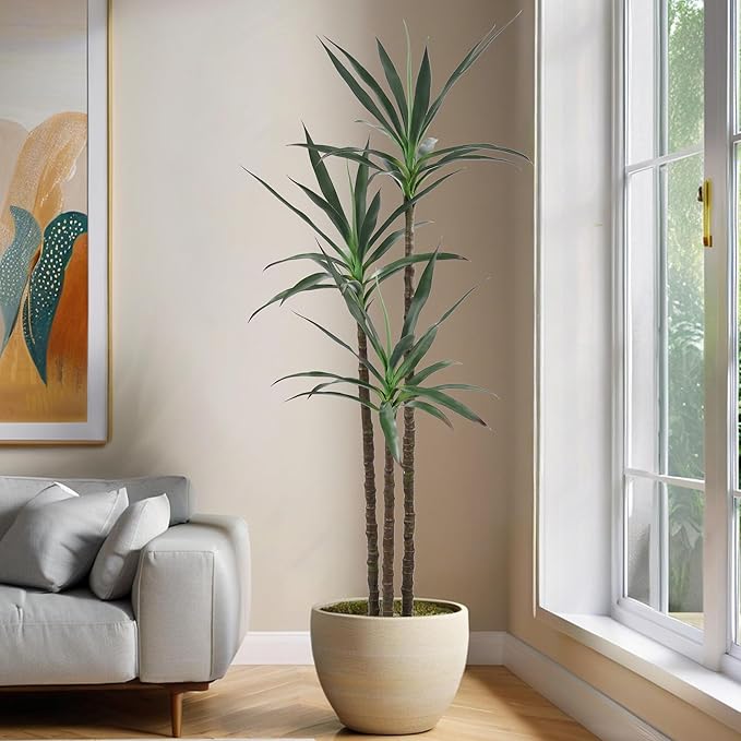 Artificial Tree 6ft Faux Agave Plant with 45 Leaves and 3 Realistic Trunks,Fake Floor Potted Artificial Tall Plants for Home Office Garden Decor Indoor (6Feet,1Pack)