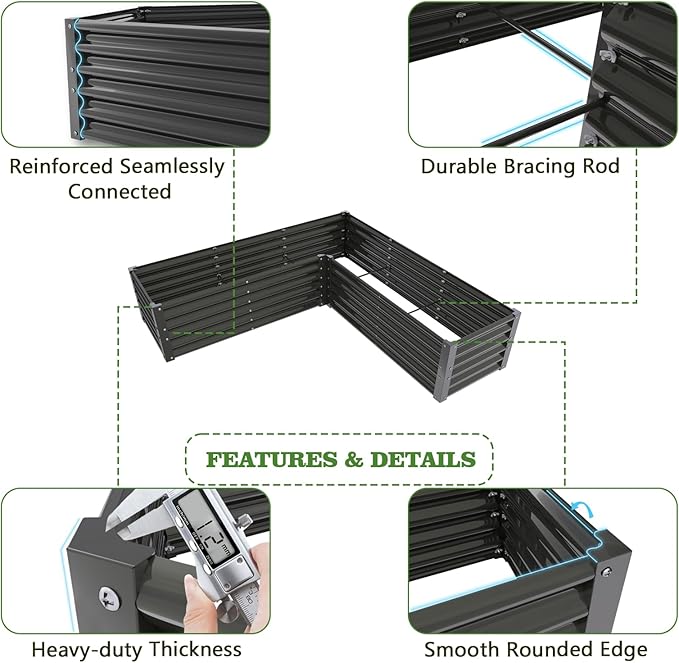 A ANLEOLIFE 2 Set L-Shaped Galvanized Raised Garden Beds Outdoor,74x74x18in Large Metal Planter Box for Planting Vegetables Flowers Herb, Anti-Rust & Easy-Setup, Quartz Grey