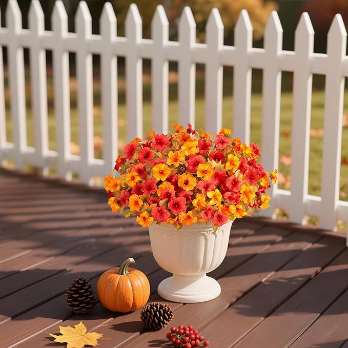 Ammyoo 8 Pcs Fake Fall Flowers Artificial Petunias for Outdoor Decorations, Faux Fall Flowers for Outside UV Resistant Realistic Plants for Garden Porch Patio Indoor Autumn Decor(Orange Yellow)