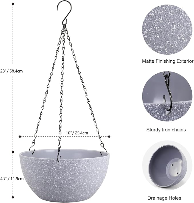Meowell 10 inch Hanging Planters for Indoor Outdoor Plants, 2 Pack Hanging Flower Pots with Drainage Holes and Chain for Garden Porch, Plastic Hanging Baskets for House Plants, Speckled Grey