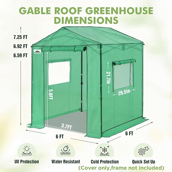 EAGLE PEAK Replacement Cover for 6x6 Gable Roof Pop up Greenhouse, Front and Rear Roll-Up Zipper Entry Doors and 2 Large Roll-Up Side Windows (Frame Not Included), Green