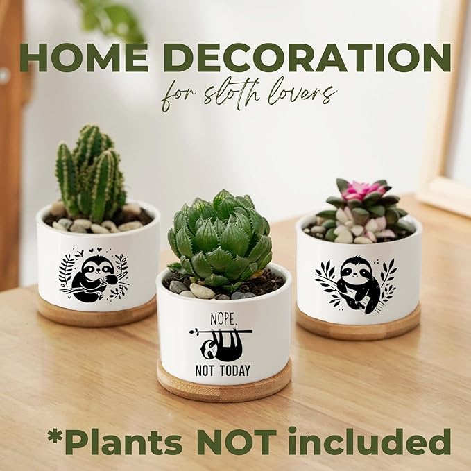 InnoBeta Sloth Gifts Succulent Plant Pots 3pcs, Gifts for Sloth Lovers, Planter Pot with Bamboo Tray, Plants NOT Included, Cute Ceramic Pots for Birthday, Christmas
