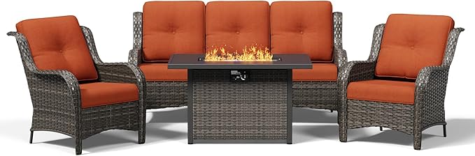 Joyside 4 Piece Wicker Patio Furniture Set with Fire Pit Table, Rattan Patio Chairs with High Back, Deep Seating, Wide Armrest, Thickened Cushions, Outdoor Furniture for Deck, Porch Use
