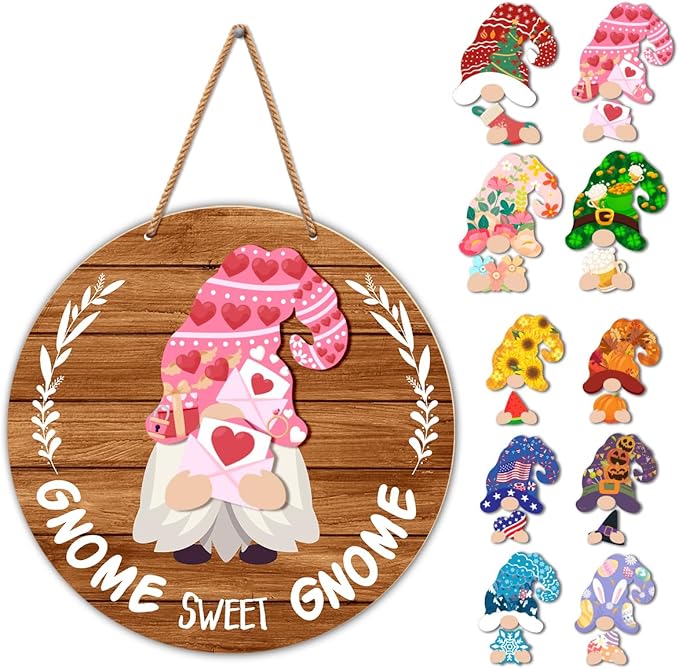 Interchangeable Gnome Welcome Sign Valentine's Day Door Decorations, Changeable Seasonal Front Porch Decor Wood Wreath Gnomes Gifts for Spring Summer Fall Winter All Seasons Holiday, Light Brown