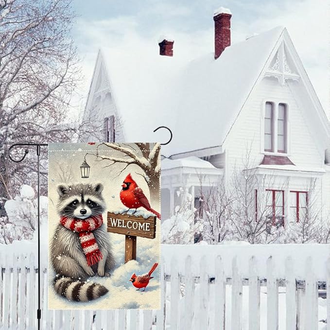 Winter Garden Flag 12x18 Inch Double Sided Burlap Welcome Raccoon Cardinal Snow Outdoor Yard Decoration Small Seasonal Christmas Holiday Farmhouse Porch Flag