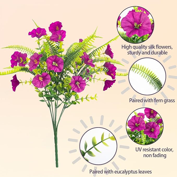 HIAGROW Artificial Flowers Outdoors 12 Bundles Artificial Petunias Fake Flowers UV Resistant Shrubs Plants with Fern for Indoor Outside Hanging Planters Home Garden Summer Decorations (Magenta)