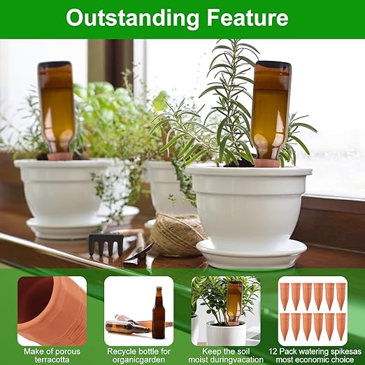 Terracotta Watering Spikes 12 Pack Plant Watering Devices Wine Bottle Automatic Plant Waterer for Vacations, Self Watering Stakes for Indoor Outdoor Plants