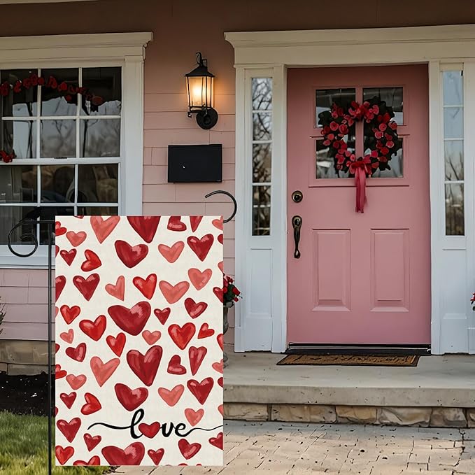 Valentine’s Day Watercolor Red Love Hearts Garden Flag Yard Flag 12x18 Inch Double Sided Small Mini Yard Outdoor Outside Holiday Decoration