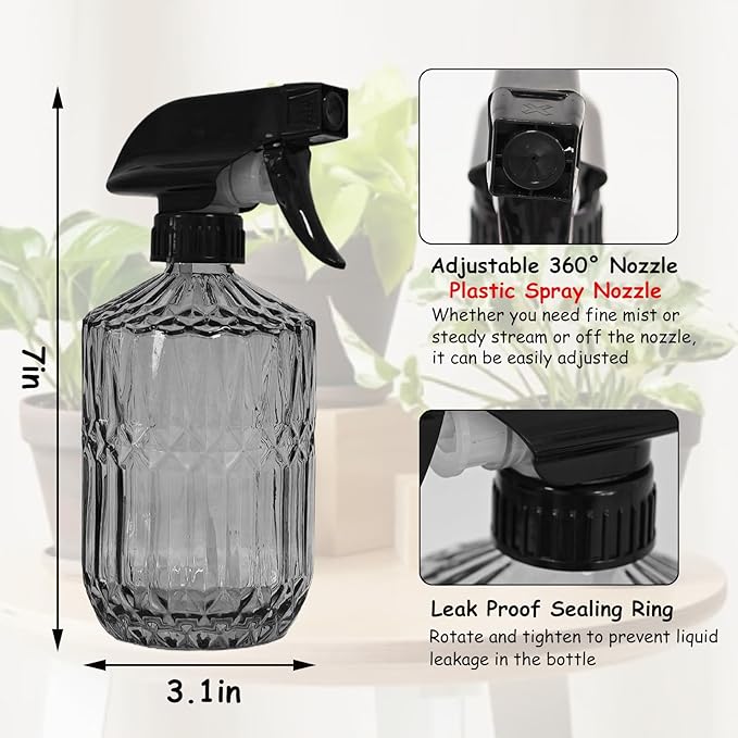 Glass Plant Mister Bottle, 15oz Refillable Water Spray Bottle with Adjustable Mist Nozzle for Indoor Flowers, Outdoor Gardening, Cleaning, Hair and Pets Care (Gray)