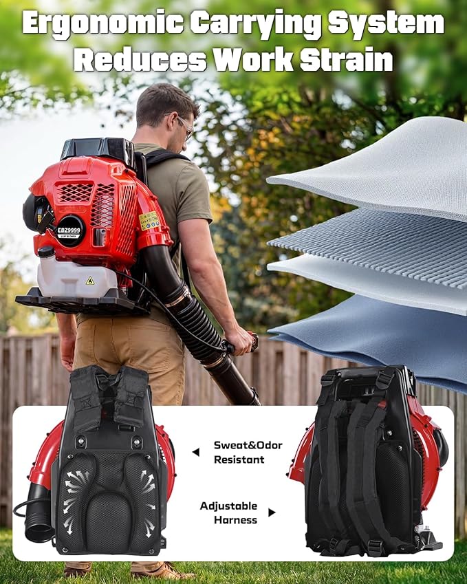 80CC Gas Backpack Blower, 900 CFM 260 MPH Gas Powered Leaf Blower with 2-Stroke Engine, Heavy-Duty Leaf Blower Backpack for Commercial Lawn Care (Red – 80CC)