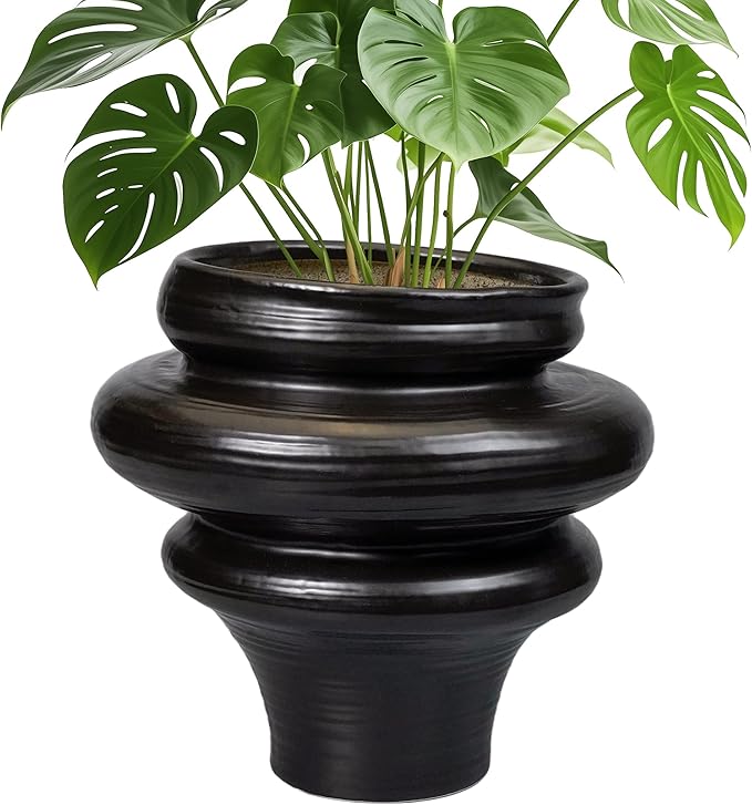 Teagas Ceramic Plant Pots 11 Inch - Bonsai Planters for Indoor Plants Outdoor Plants, Pot for Plant with Drainage Hole, Decorative Flower Pots for Home Decor, Gift for Men Women, Black