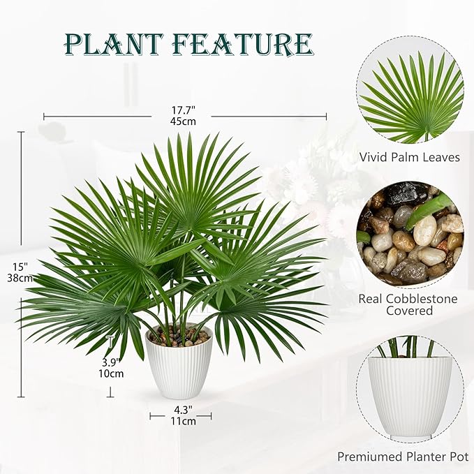 GnFlus Artificial Palm Plant 15 Inch Fake Tropical Potted Plants Faux Palm Leaves in Pot for Home Indoor Tabletop Centerpieces Living Room Bedroom Decoration