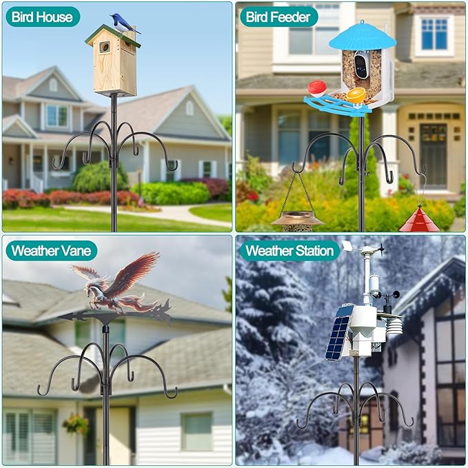 Eyrizon 4-Hook Shepards Hooks for Outdoor,90 Inch Bird Feeder Pole with 5 Prongs Base|Metal Tray&Birdhouse Platform,Heavy Duty Garden Hooks for Hanging Plant Baskets,Solar Light Lanterns,Wind Chimes