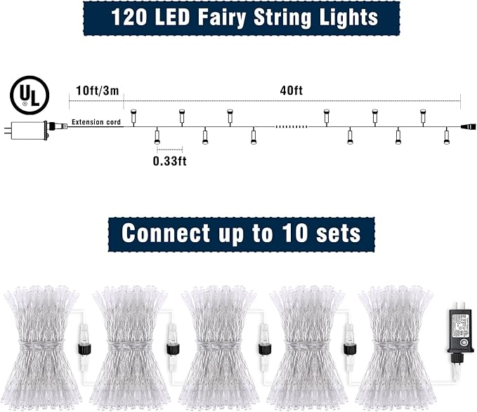 120 LED Orange and Purple Christmas Lights 40 FT String Lights Indoor Outdoor Clear Wire with 8 Modes, Plug in Waterproof Christmas Light for Tree Party Bedroom Thanksgiving Decorations