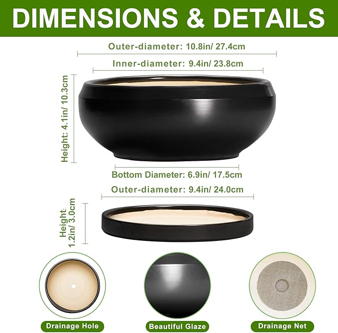 EPFamily Bonsai Pots 10 Inch - Ceramic Succulent Planters Indoor Outdoor, Bonsai Pots with Drainage Hole and Tray, Modern Shallow Planter, Round Bowl Planter, Garden Decor, Garden Gift, Black