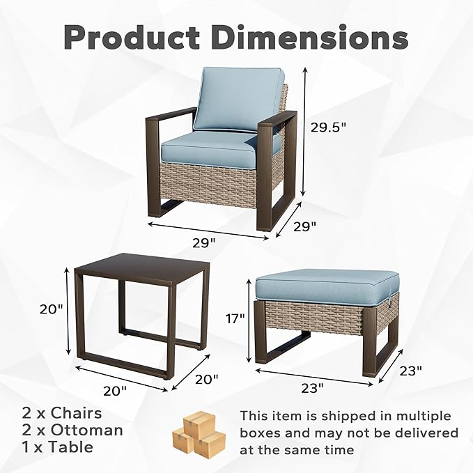 Joyside Outdoor Patio Chairs, 4 Pieces Wicker Rattan Furniture Set, 2 Patio Chairs, 2 Ottoman and 1 Table, Metal Wide Armrest, Thick Cushions and Deep Seating for Garden, Backyard, Porch, Deck