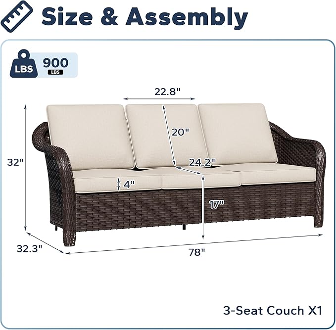 78" Wicker 3-seat Sofa, Outdoor Conversation Furniture, All-Weather Rattan Couch, Steel Frame Couch with Cushions for Garden, Poolside, Porch (Beige)