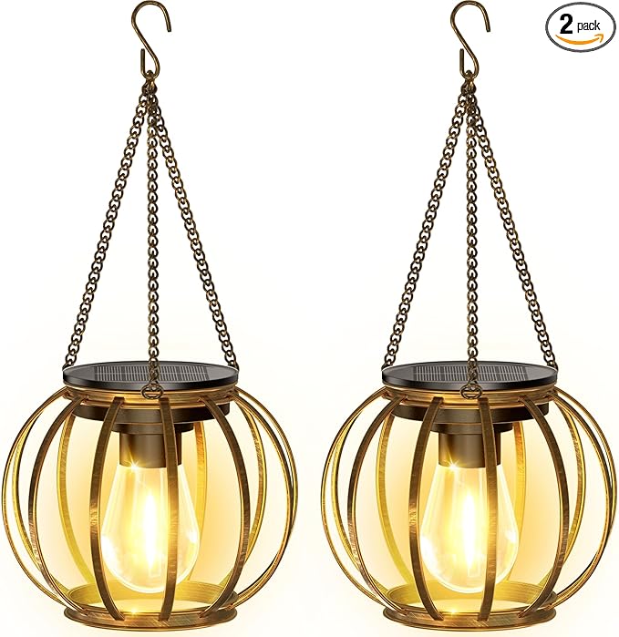 KOOPER Solar Lanterns Outdoor Waterproof, Upgraded Bronze Metal Hanging Solar Lights Outdoor Lanterns, Brighter Auto On/Off Outdoor Hanging Lantern for Yard Patio Pathway Porch Garden Decor 2 Pack