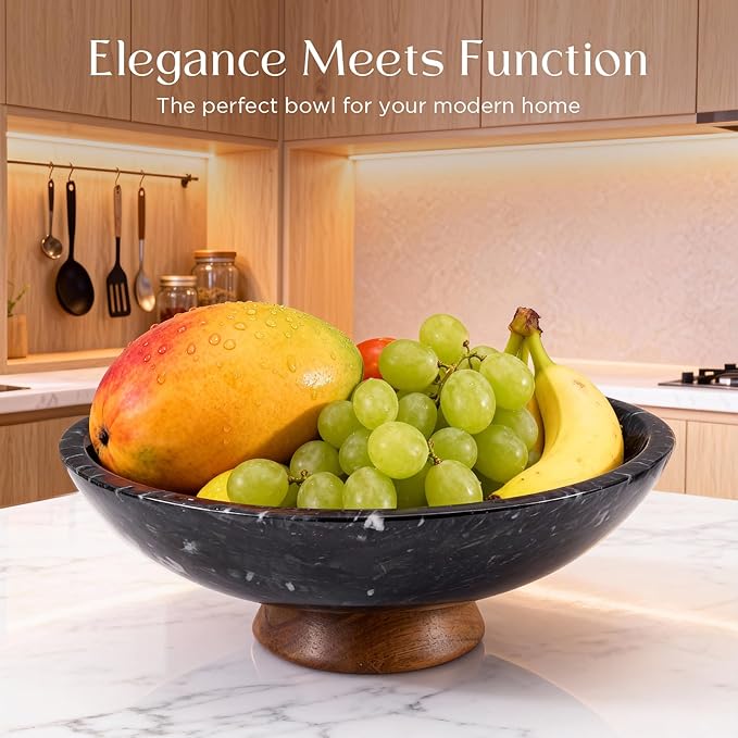 SAMAH Black Marble Fruit Bowl with Acacia Wood Pedestal, Large Decorative Footed Bowl, Natural Stone Centerpiece for Kitchen Counter, Entryway, Keys, Dining Table, House Warming Gifts New Home(11Inch)
