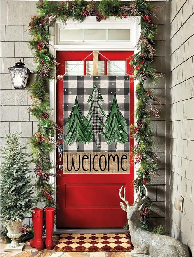Welcome Christmas Trees Garden Flag 28 x 40 Inch Vertical Double Sided Buffalo Plaid Winter Holiday Yard Outside Xmas Décor